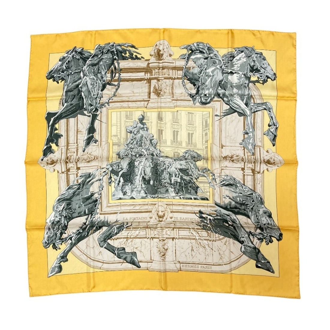 Like-new HERMES Carré 90 "La Fontaine de Bartholdi" silk scarf, yellow, for women. Lux, a pre-owned: --- Catalog ---Category: SizeSize (LxW): 89cm x 89cm / 35.03'' x 35.03''Category: DesignType: ScarfColor: YellowGender: WomenMaterial: Silk 100%Category: GeneralBrand: Hermes--- Item List ---Section: