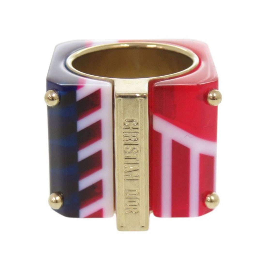 Excellent condition Christian Dior Sorbet wide ring, size L (approx. 1), gold, red, and blue. 1301: --- Catalog ---Category: SizeWidth: 20mm / 0.79''JP Size: 15US Size: 7.5Inner Diameter: 18.00mm / 0.71''Category: DesignType: Band ringColor: Blue, Gold, Red colorGender: WomenMaterial: Gold plating,
