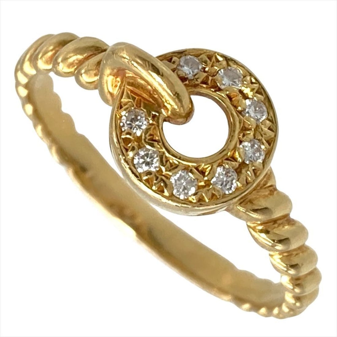 Christian Dior Circle Twist Ring with Diamonds, Approximately 2.2g, 18KYG Yellow Gold: --- Catalog ---Category: SizeWeight: 2.2g / 0.07oz.JP Size: 9.5US Size: 5Category: DesignType: Band ringColor: YellowMetal: GoldStone: DiamondMetal Purity: 18KCategory: GeneralBrand: Christian Dior---