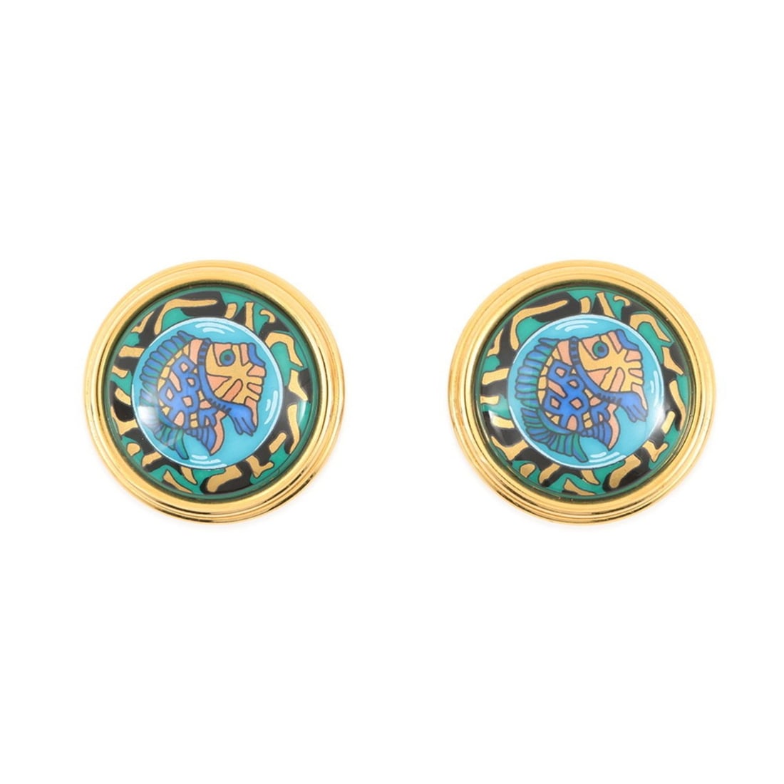 Hermes enamel cloisonné fish earrings.: --- Catalog ---Category: DesignType: Clip earringsColor: Blue, Multi-colorGender: Men,WomenMaterial: Cloisonné/enamel, Gold platingCategory: GeneralBrand: Hermes--- Item List ---Section: ConditionRan