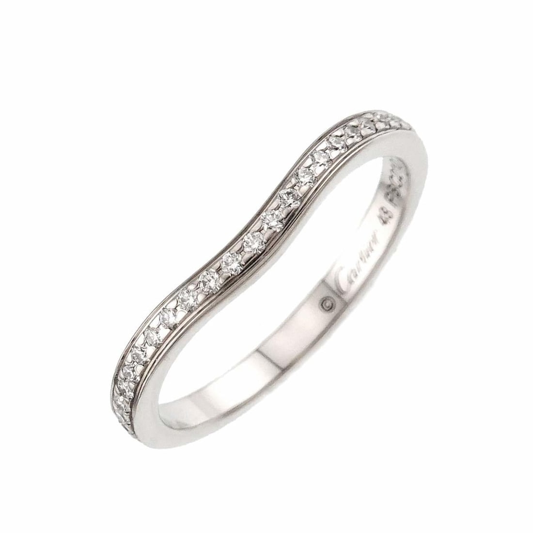 Cartier Ballerina Curve #48 Ring with Half Diamonds in Platinum: --- Catalog ---Category: SizeUS Size: 4.5Brand Size: 48Category: DesignType: Band ringGender: WomenMaterial: Platinum 950Category: GeneralBrand: Cartier--- Item List ---Section: ConditionRanking: Rank