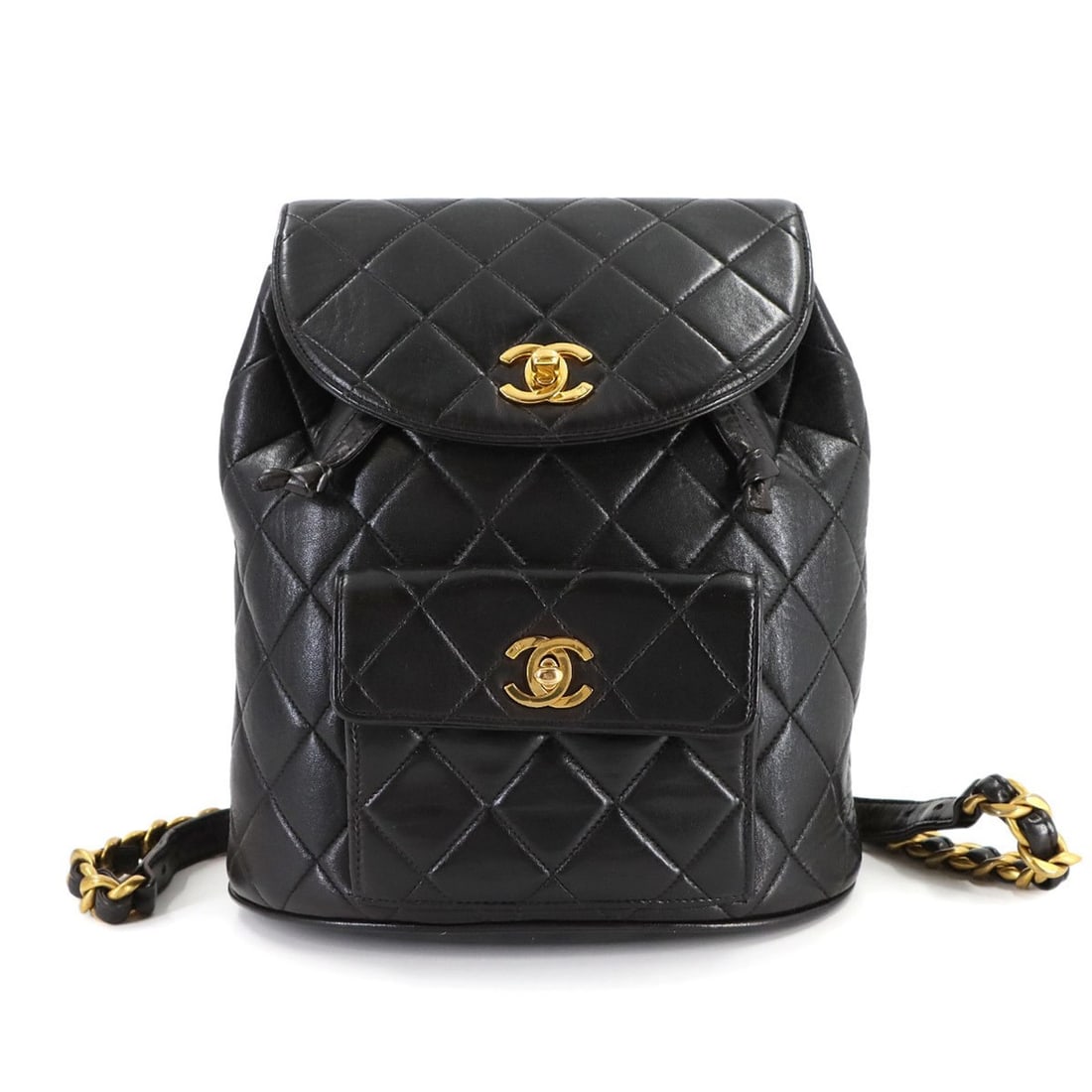 CHANEL Matelasse Chain Backpack in Black Lambskin with Gold Hardware: --- Catalog ---Category: SizeSize (HxWxD): 24cm x 21.5cm x 10cm / 9.44'' x 8.46'' x 3.93''Category: DesignType: BackpackColor: BlackGender: WomenMaterial: Leather Leather/Fur Type: LambskinCategory: G