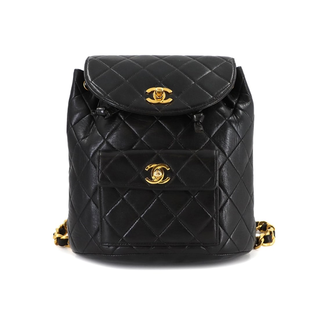 CHANEL Matelasse Chain Backpack in Black Lambskin with Gold Hardware: --- Catalog ---Category: SizeSize (HxWxD): 24cm x 21.5cm x 10cm / 9.44'' x 8.46'' x 3.93''Category: DesignType: BackpackColor: BlackGender: WomenMaterial: Leather Leather/Fur Type: LambskinCategory: G
