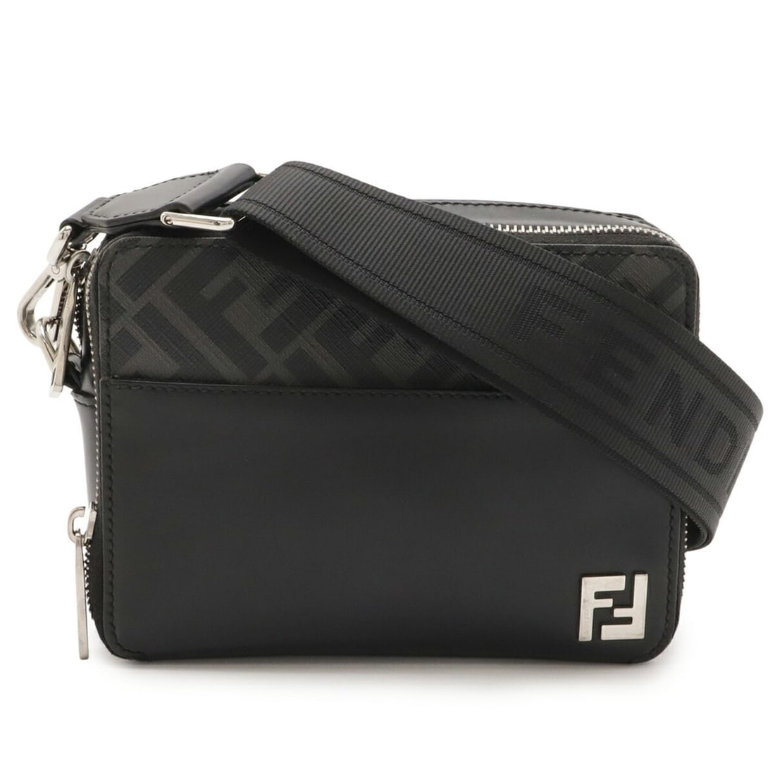 FENDI Square FF Zucca Pattern Camera Case Shoulder Bag/Second Handbag PVC Leather Black/Gray 7M0357: --- Catalog ---Category: SizeSize (HxWxD): 12.5cm x 17cm x 6cm / 4.92'' x 6.69'' x 2.36''Category: DesignType: Shoulder bagColor: Black, GrayGender: Women,MenMaterial: Coated canvas , Leather Category