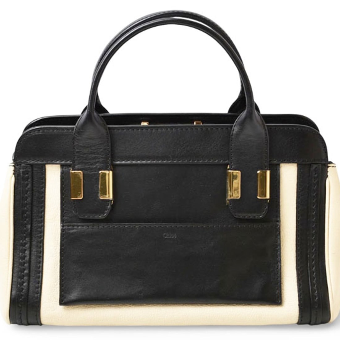 Chloé Chloe Little Alice handbag in black and ivory leather.: --- Catalog ---Category: SizeSize (HxWxD): 16cm x 25cm x 16cm / 6.29'' x 9.84'' x 6.29''Handle Length: 22cm / 8.66''Category: DesignType: HandbagColor: Black, IvoryGender: WomenClosure: ZipperMaterial