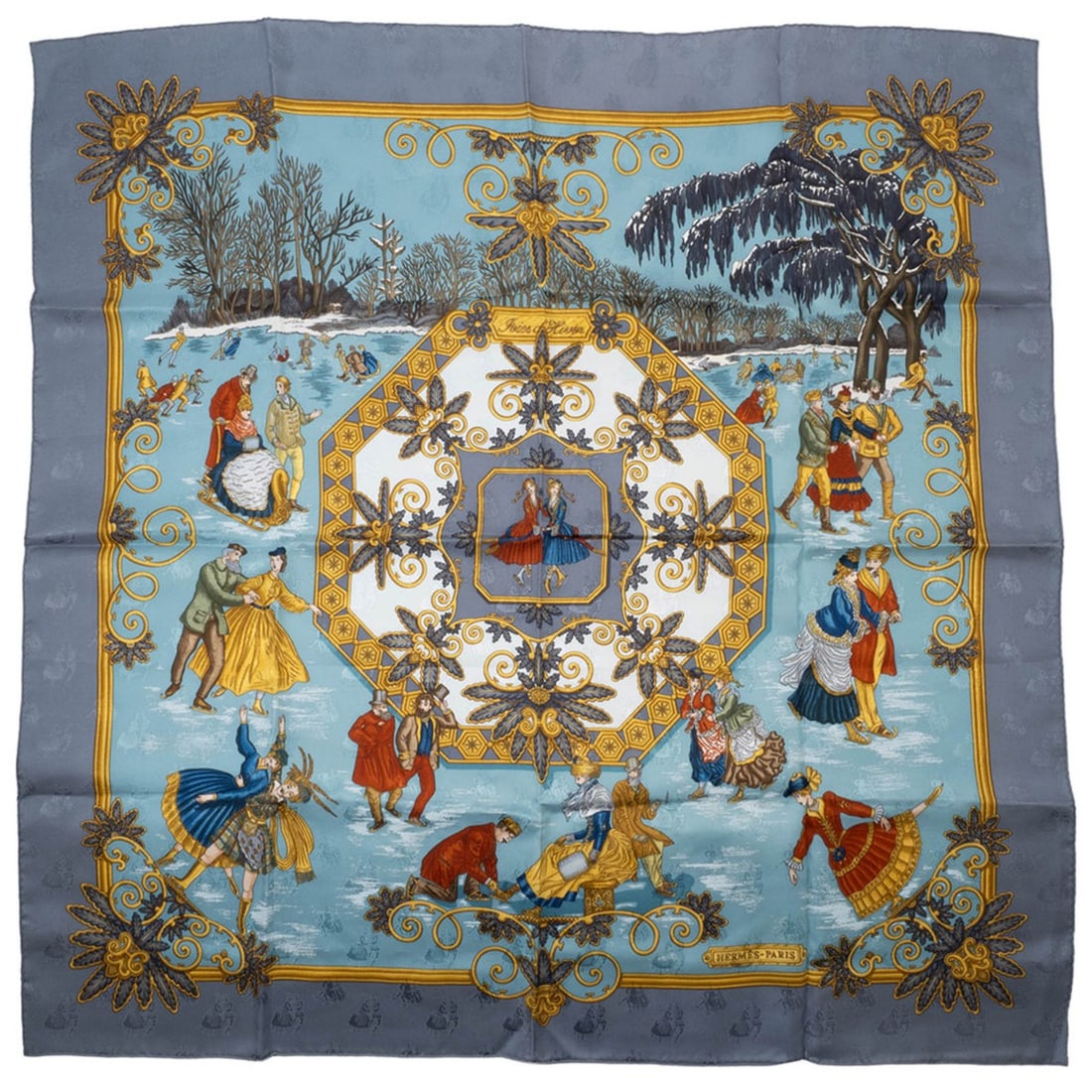 Hermes Hermès Joies d'Hiver Carré 90 Silk Scarf/Muffler, Blue, Women's, Ice Skating: --- Catalog ---Category: SizeSize (LxW): 88cm x 87cm / 34.64'' x 34.25''Category: DesignType: ScarfColor: BlueGender: WomenMaterial: Silk 100%Category: GeneralBrand: HermesCountry of Origin: France---