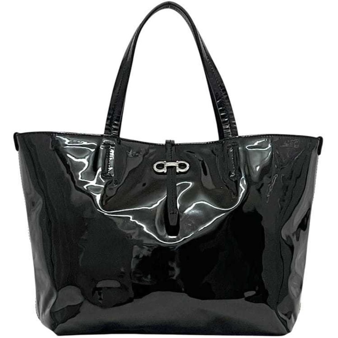 Salvatore Ferragamo tote bag ec-24907 black Gancini FJ-21 C847 patent for men and women: --- Catalog ---Category: SizeSize (HxWxD): 21cm x 35cm x 11cm / 8.26'' x 13.77'' x 4.33''Category: DesignType: Tote bagColor: BlackGender: Men,WomenMaterial: Patent leather Category: GeneralMPN: FJ-21