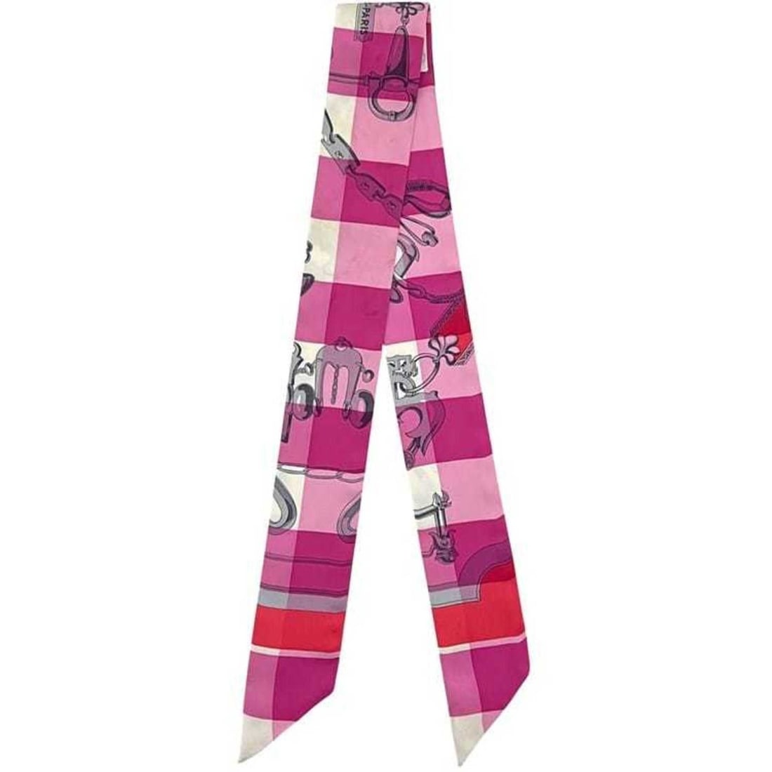 Hermes Hermès Ribbon Twilly ec-24974 Pink White Red Mors et Gourmettes Vichy 100% Silk Scarf (1 of 16)