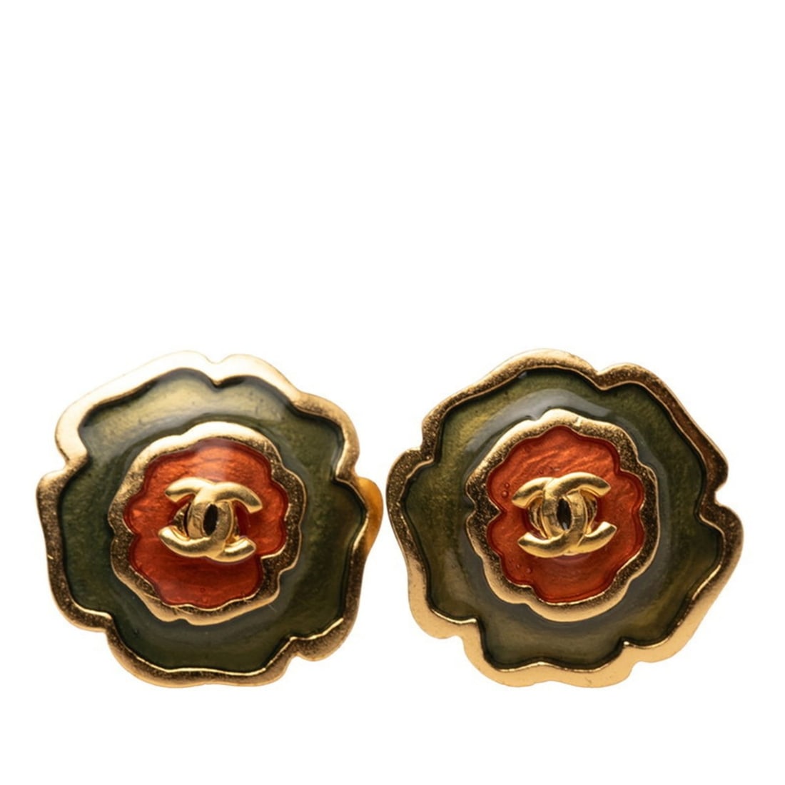 Chanel Coco Mark Camellia Earrings, Gold, Green, Red Plated, Women's, CHANEL: --- Catalog ---Category: SizeSize (HxWxD): 17.00mm x 17.00mm x 10.00mm / 0.67'' x 0.67'' x 0.39''Category: DesignType: Stud earringsColor: Gold, Green, Red colorGender: WomenCategory: GeneralBrand: Ch