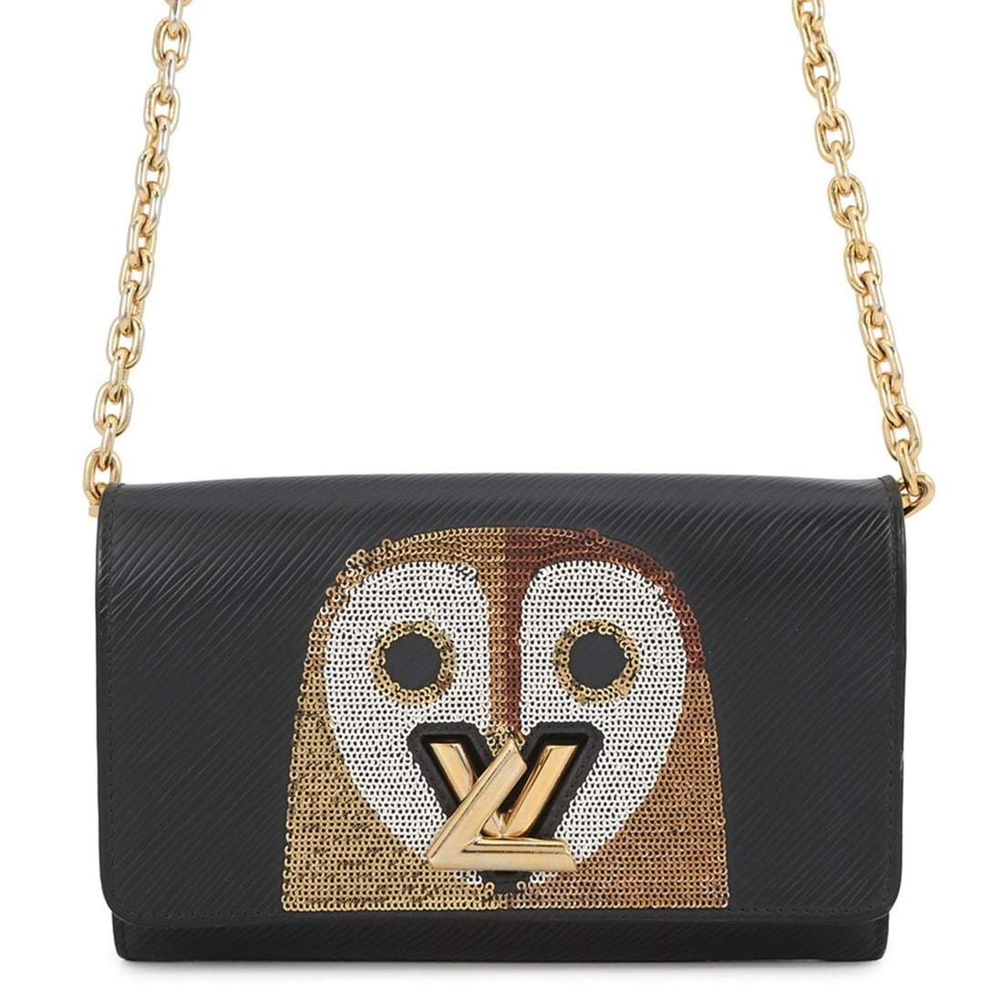 Louis Vuitton Chain Wallet Epi Leather Sequined Portefeuille Twist Owl M62334 Black: --- Catalog ---Category: SizeSize (HxWxD): 12cm x 18.5cm x 3.5cm / 4.72'' x 7.28'' x 1.37''Category: DesignType: Chain/Shoulder walletColor: Black, NoirGender: WomenMaterial: Spangles , Epi leather Ca