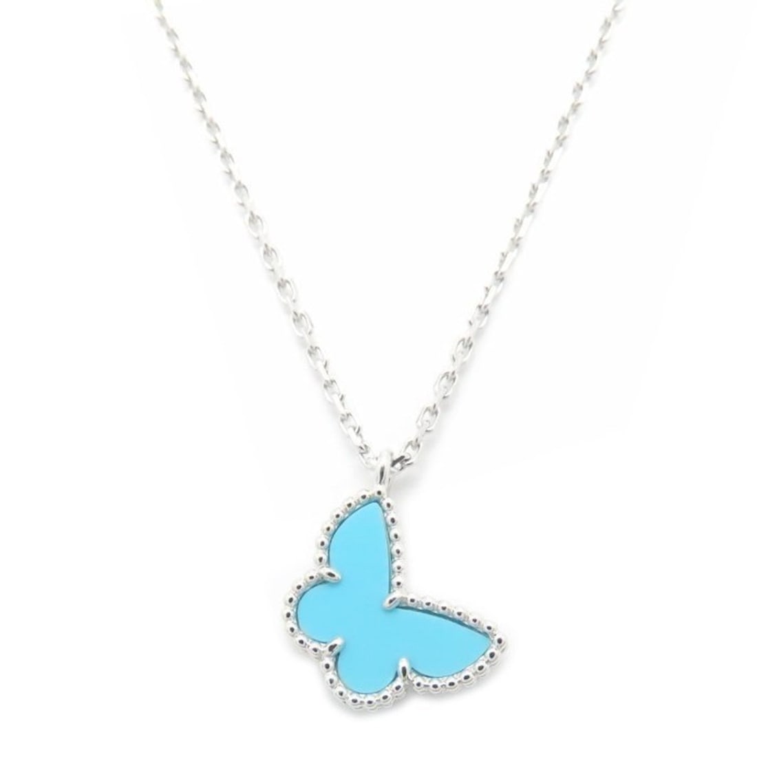 Van Cleef & Arpels Sweet Alhambra Papillon Necklace in 18K White Gold with Turquoise, Women's,: --- Catalog ---Category: SizeWeight: 3g / 0.1oz.Pendant Size: 8mm x 10.9mm / 0.31'' x 0.42''Neck Circumference: 38 cm - 40 cm / 14.96'' - 15.74''Category: DesignStone: TurquoiseGender: WomenMaterial: