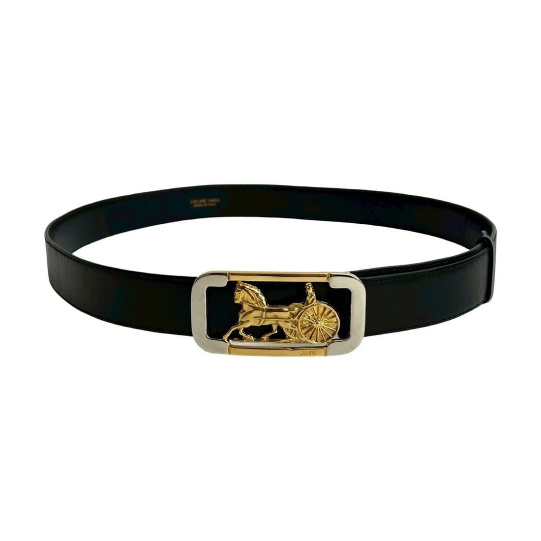 CELINE Horse Carriage Buckle Leather Belt in Black, 22946: --- Catalog ---Category: SizeLength: 77cm - 87cm / 30.31'' - 34.25''Category: DesignType: Standard beltColor: BlackGender: WomenMaterial (Strap): Leather Category: GeneralBrand: Celine--- Item List --