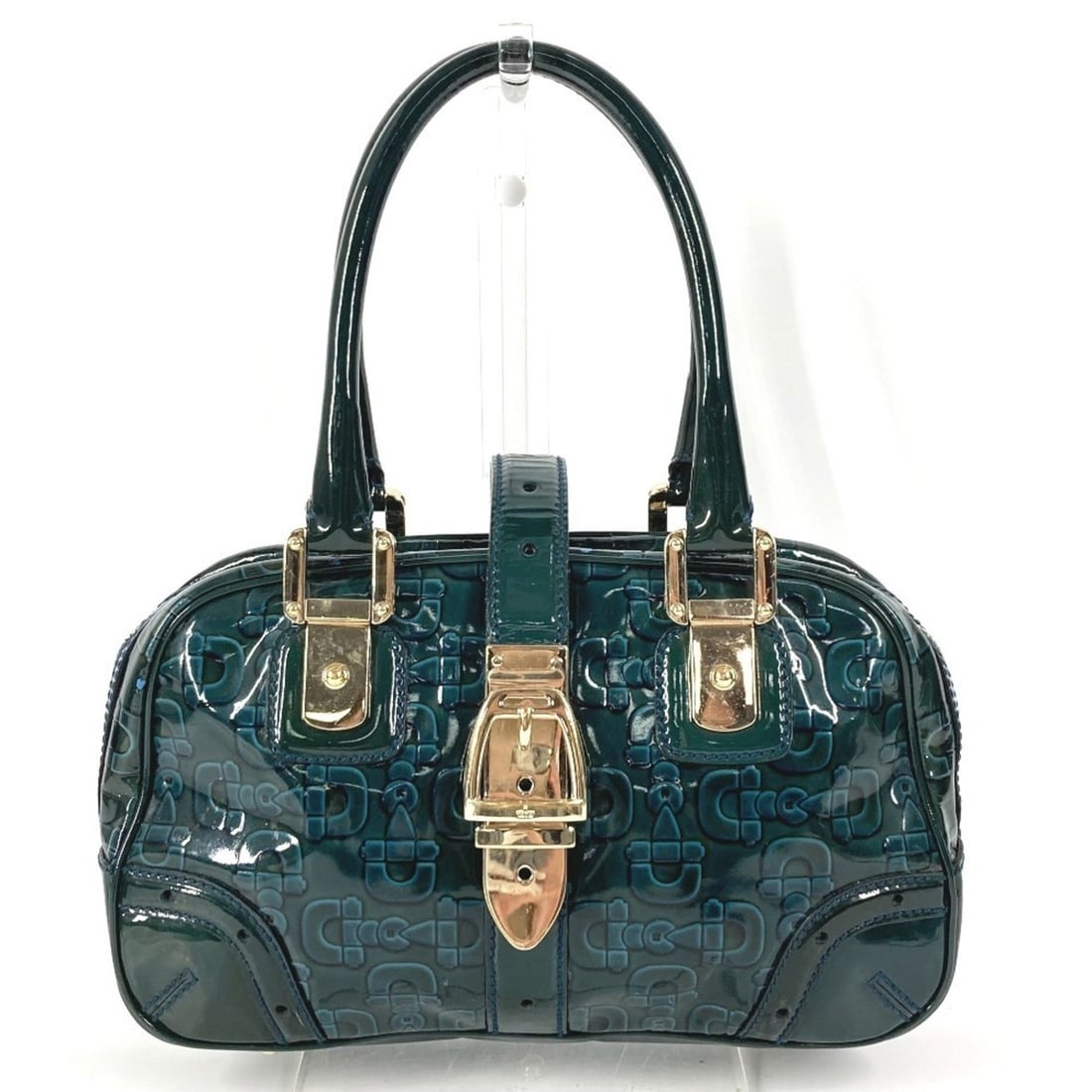 GUCCI 145772 Logo Horsebit Mini Boston Bag, Enamel Handbag, Green, Men's and Women's (1 of 16)