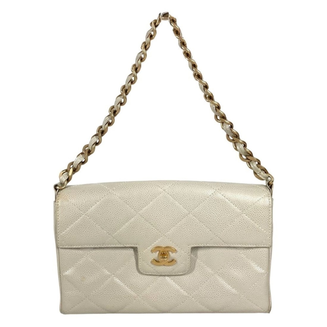 CHANEL Flap Logo CC Coco Mark Quilted Matelasse Chain Shoulder Bag in Caviar Leather, White (1 of 18)