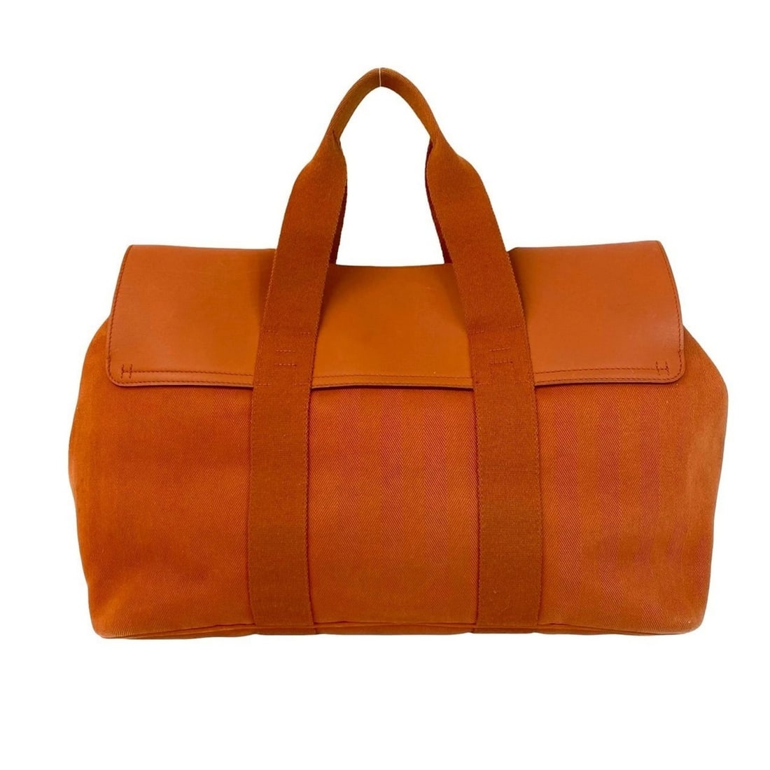 HERMES Valparaiso MM Toile Chevron Leather Handbag/Mini Boston Bag, Orange, 1085b: --- Catalog ---Category: SizeSize (HxWxD): 28.5cm x 41cm x 17.5cm / 11.22'' x 16.14'' x 6.88''Category: DesignType: Boston bag, Handbag, PouchColor: OrangeGender: WomenMaterial: Toile chevron , Leathe