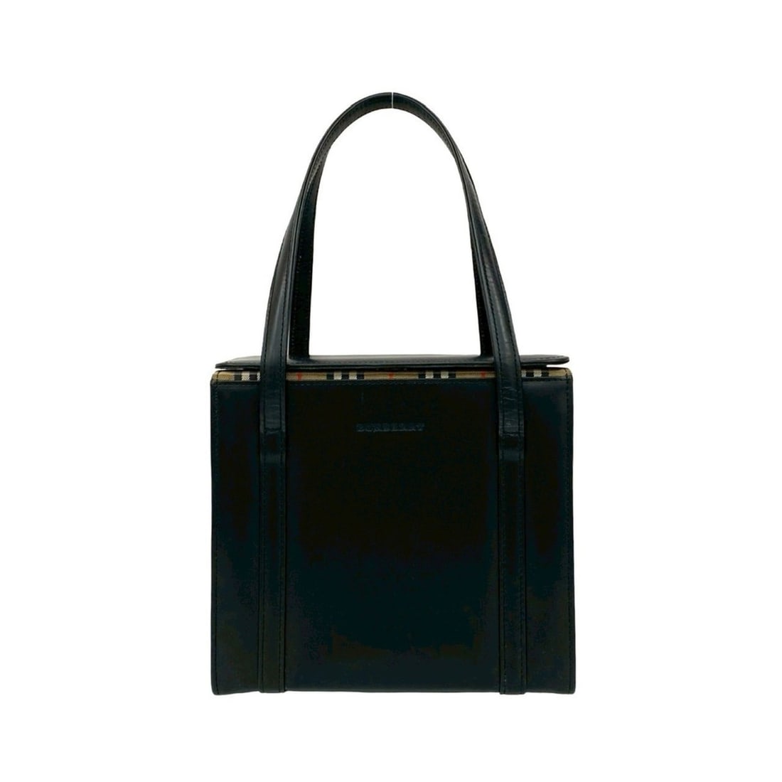 BURBERRY Nova Check Leather Square Handbag Tote Bag Black 85245: --- Catalog ---Category: SizeSize (HxWxD): 18cm x 19.5cm x 11cm / 7.08'' x 7.67'' x 4.33''Category: DesignType: Handbag, Tote bagColor: BlackGender: WomenMaterial: Leather Category: GeneralBrand: Burb