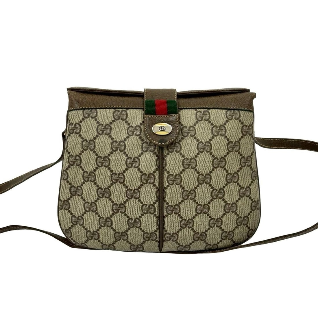 GUCCI Old Gucci Sherry Line GG Leather Mini Shoulder Bag Brown 724-7: --- Catalog ---Category: SizeSize (HxWxD): 18cm x 22cm / 7.08'' x 8.66''Category: DesignType: Shoulder bagColor: Brown, Green, Red colorGender: WomenMaterial: Leather , PVC Category: GeneralBrand: Guc