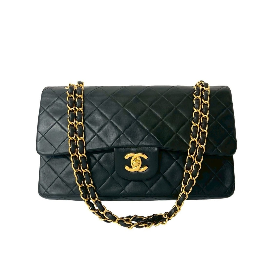 CHANEL Matelasse Coco Mark Double Flap Lambskin Chain Shoulder Bag Black 43484 (1 of 14)