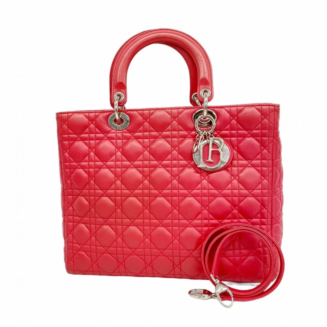 Christian Dior Cannage Lady Handbag, Red Leather, 2-Way Bag, Women's, P2319601 (1 of 12)