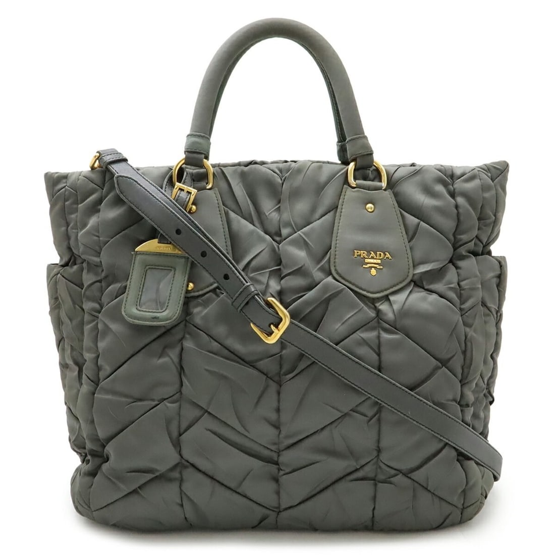 PRADA Prada Tote Bag Shoulder Quilted Nylon Leather Khaki BN1543 (1 of 10)