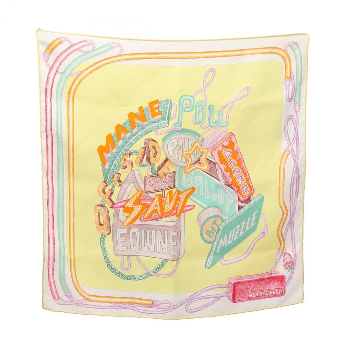 Hermes Hermès Petit Carré 45 Gavroche Chevaloscope Neon Scarf, Silk, Women's, White, Yellow,: --- Catalog ---Category: SizeSize (LxW): 41cm x 41cm / 16.14'' x 16.14''Category: DesignType: ScarfColor: Multi-color, White, YellowGender: WomenMaterial: Silk Category: GeneralBrand: Hermes--- Item L