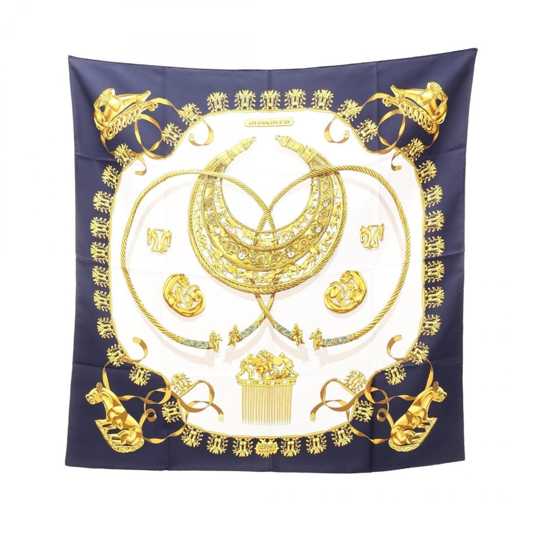 Hermès HERMES Carré 90 LES CAVALIERS D'OR Silk Scarf for Women, Navy, White, and Gold (1 of 7)