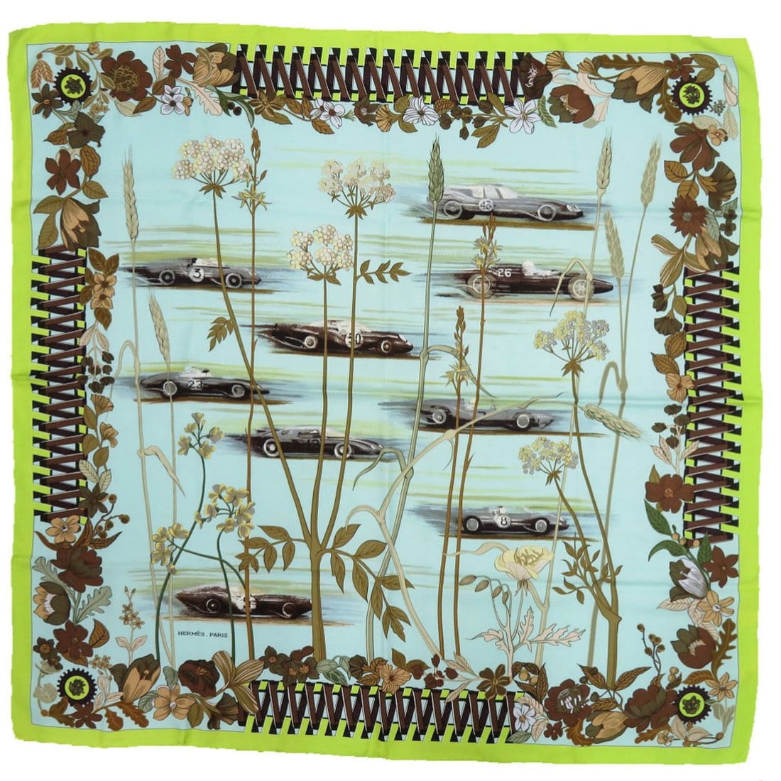 Excellent condition Carré 90 ES BOLIDES RACE CARS Racing Car Silk Scarf/Muffler in Blue, Light: --- Catalog ---Category: SizeSize (LxW): 87cm x 89cm / 34.25'' x 35.03''Category: DesignType: ScarfColor: Black, Blue, Khaki, Light greenStyle: EverydayGender: WomenMaterial: Silk Washing Instructions