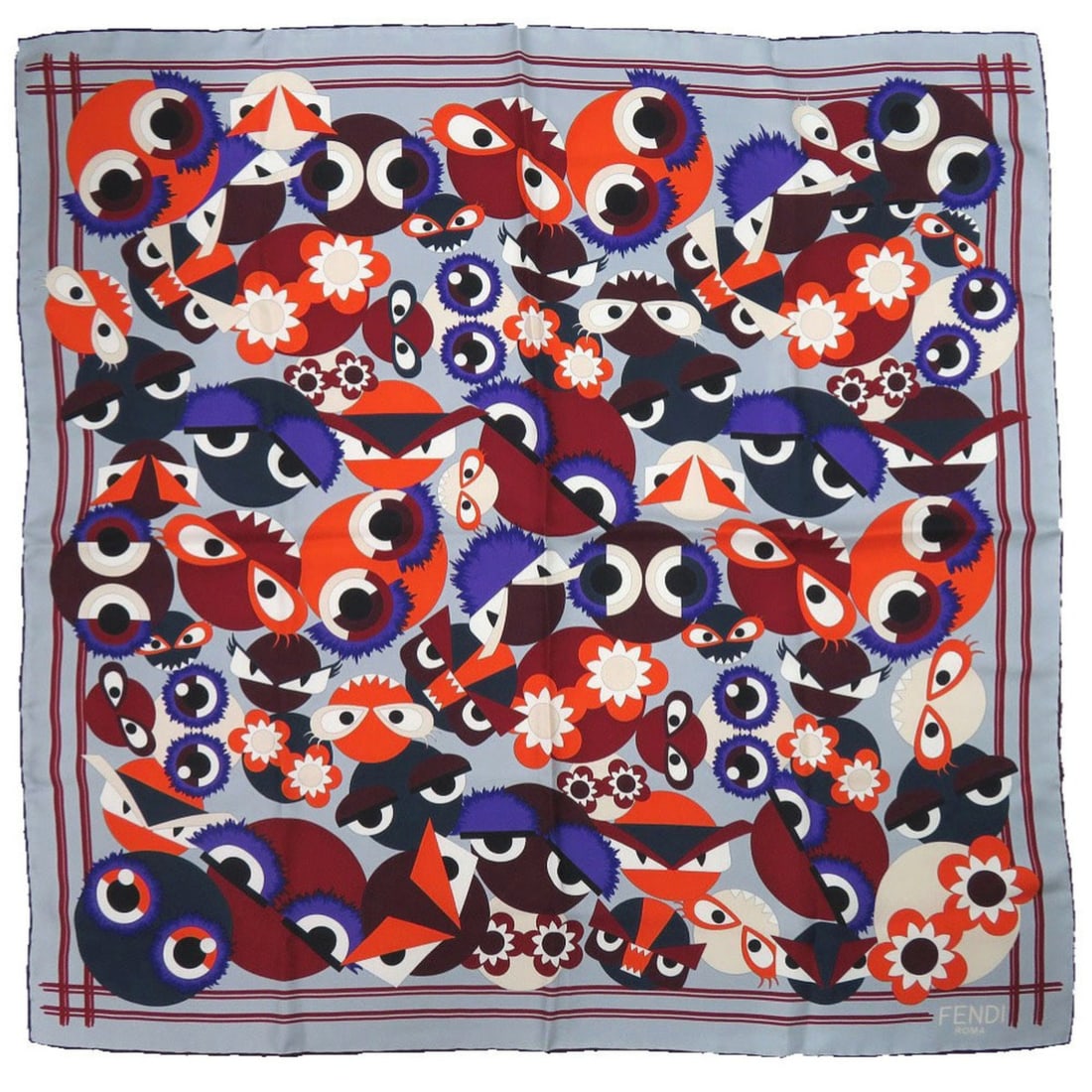 Excellent condition Fendi Monster grey purple orange scarf muffler 0202FENDI: --- Catalog ---Category: SizeSize (LxW): 66cm x 67cm / 25.98'' x 26.37''Category: DesignType: ScarfColor: Gray, Orange, Purple, Red colorShape: RectangularStyle: EverydayGender: WomenCategory: General