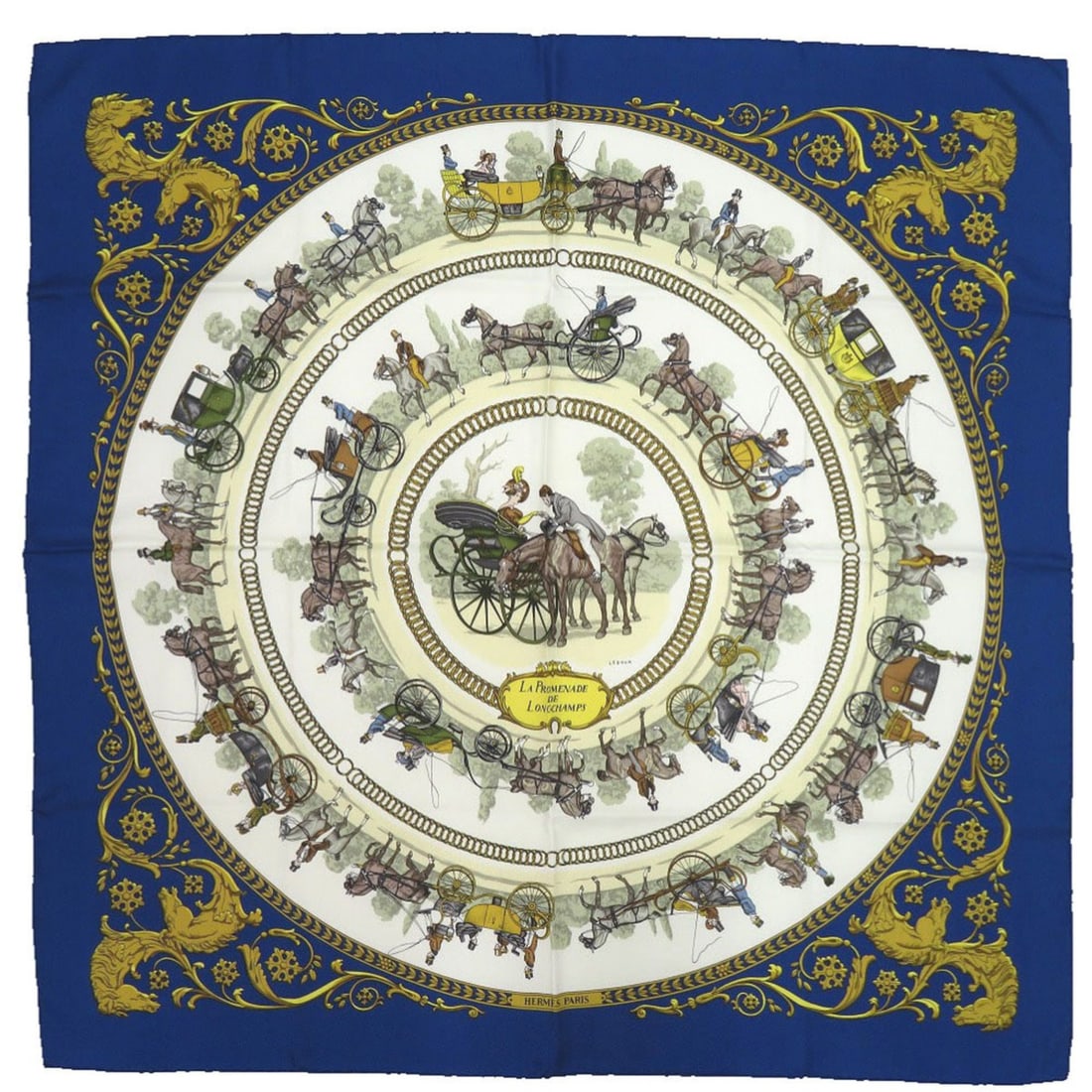 Excellent condition Hermès Carré 90 "Walk to Longchamp" silk scarf in blue, white, and gold.: --- Catalog ---Category: SizeSize (LxW): 88.5cm x 88cm / 34.84'' x 34.64''Category: DesignType: ScarfColor: Black, Blue, Gold, WhiteShape: RectangularStyle: EverydayGender: WomenMaterial: Silk Washing