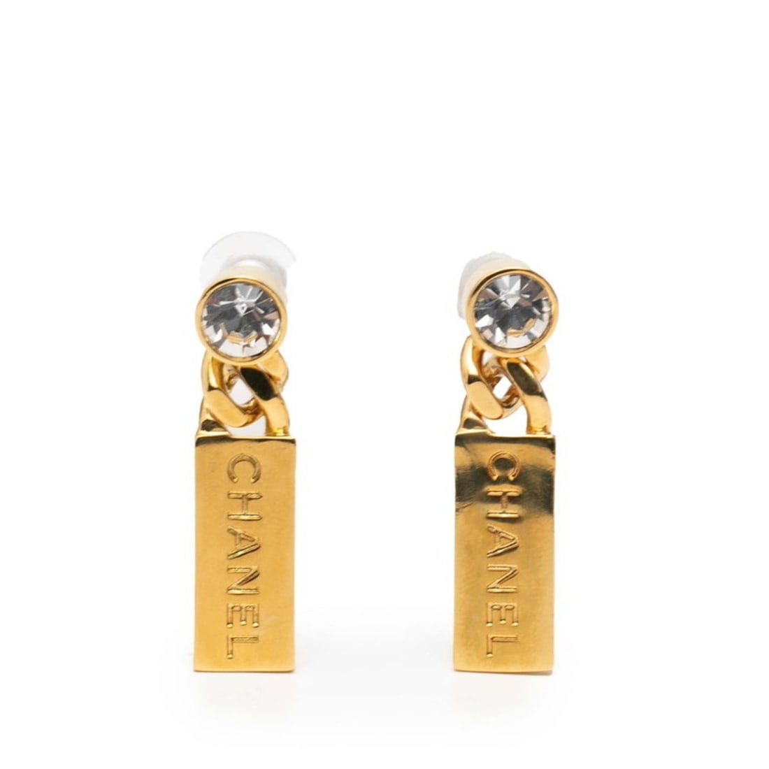 CHANEL logo chain earrings with gold-plated rhinestones for women: --- Catalog ---Category: SizeSize (HxWxD): 47.50mm x 11.20mm / 1.87'' x 0.44''Category: DesignType: Stud earringsColor: GoldGender: WomenMaterial: RhinestoneCategory: GeneralBrand: Chanel--- Item List