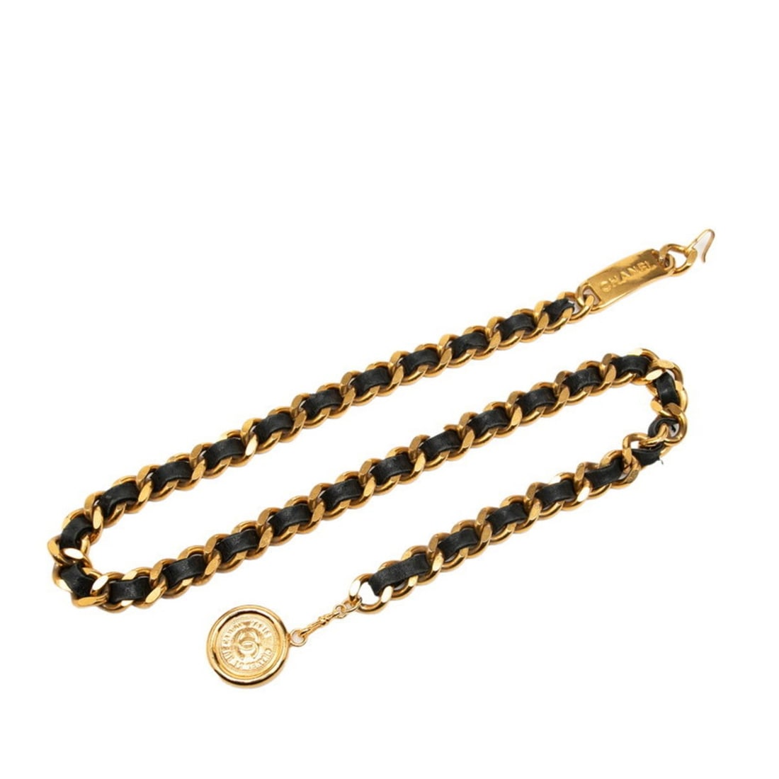 Chanel Coco Mark 31 RUE CAMBON PARIS Chain Belt in Gold and Black Plated Leather for Women: --- Catalog ---Category: SizeLength: 88.5cm / 34.84''Category: DesignType: Chain beltColor: Black, GoldGender: WomenMaterial (Strap): Leather Category: GeneralBrand: Chanel--- Item List ---Section: Co