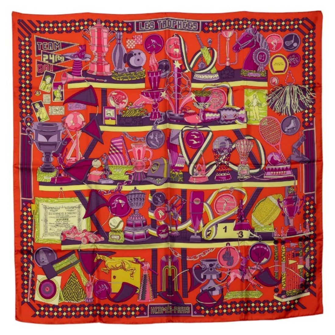 Hermes Hermès Carré 90 LES TROPHEES Scarf/Muffler in Orange and Multicolor Silk for Women: --- Catalog ---Category: SizeSize (LxW): 88cm x 89cm / 34.64'' x 35.03''Category: DesignType: ScarfColor: Multi-color, OrangeGender: WomenMaterial: Silk Category: GeneralBrand: Hermes--- Item List ---