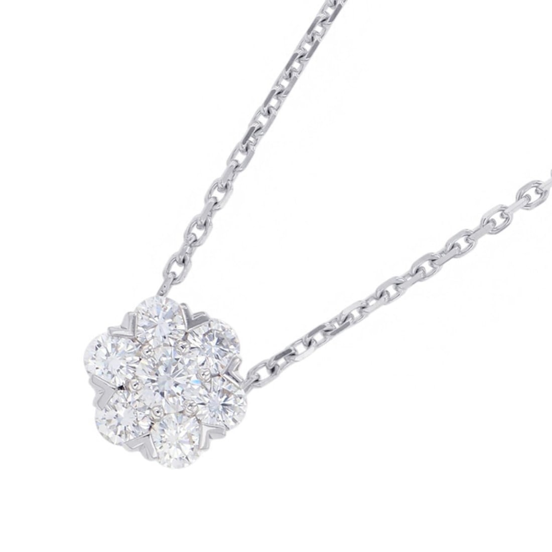 Van Cleef & Arpels Fleurette Pendant Necklace with 7 Diamonds, 0.73ct Total, 18K White Gold: --- Catalog ---Category: SizeWeight: 4.3g / 0.15oz.Pendant Size: 9.4mm x 8.8mm / 0.37'' x 0.34''Neck Circumference: 37.5 cm - 42 cm / 14.76'' - 16.53''Category: DesignStone: DiamondGender: WomenClarit