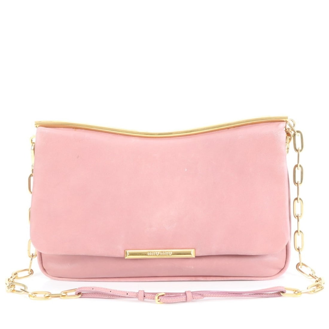 Miu Miu Miu flap leather chain shoulder bag in pink and gold for women: --- Catalog ---Category: SizeSize (HxWxD): 19cm x 29cm x 6cm / 7.48'' x 11.41'' x 2.36''Category: DesignType: Shoulder bagColor: PinkGender: WomenMaterial: Leather Category: GeneralBrand: Miu Miu--- I