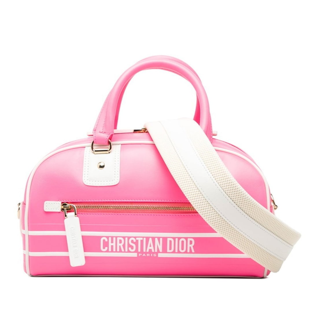 Christian Dior Dior Vibe Mini Bowling Bag, 2-Way Handbag, Pink and White Leather, Women's,: --- Catalog ---Category: SizeSize (HxWxD): 14cm x 24cm x 8cm / 5.51'' x 9.44'' x 3.14''Category: DesignType: HandbagColor: Pink, WhiteGender: WomenMaterial: Leather Category: GeneralBrand: Christian D
