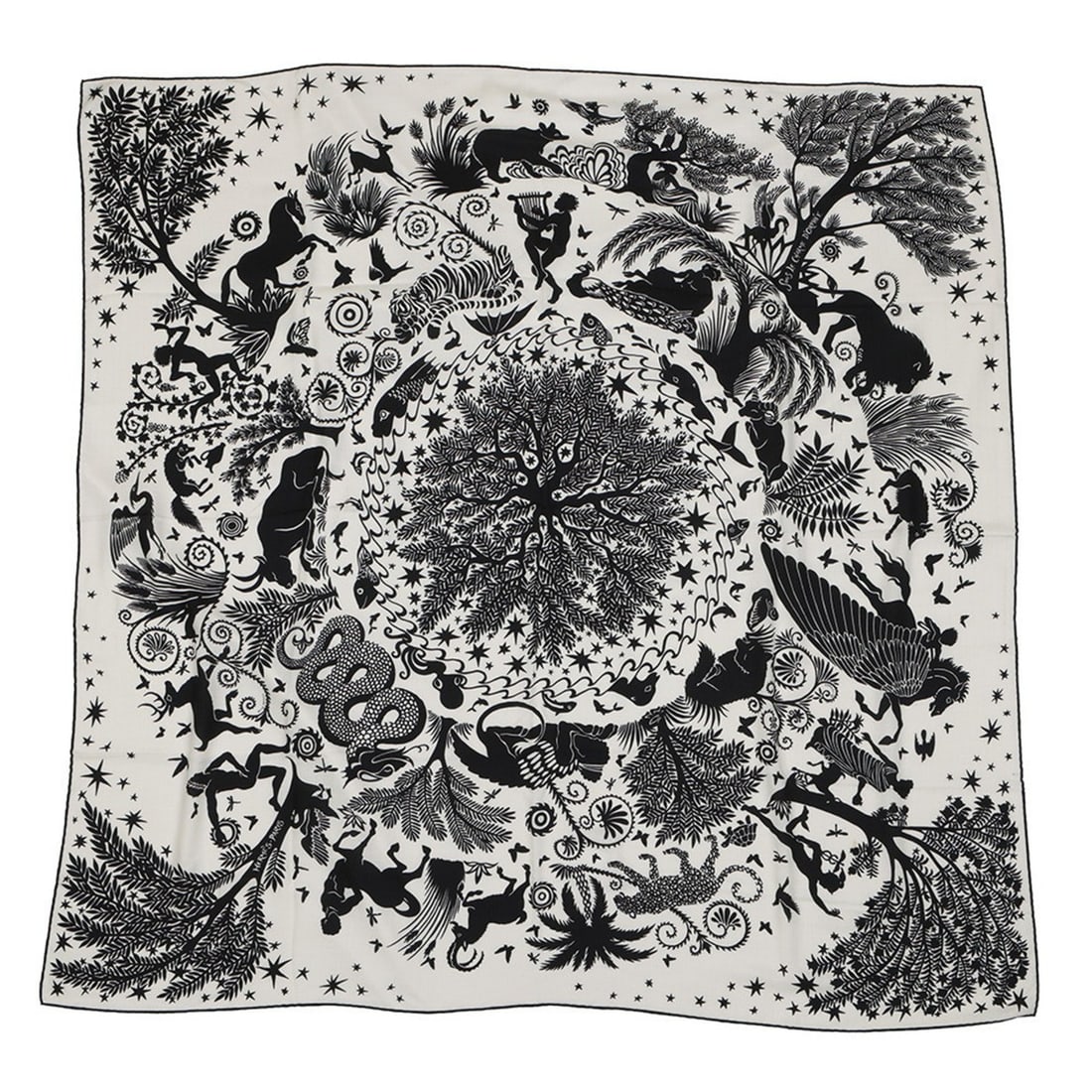 Hermès scarf/scarf, Carré 140, Jean, Enticed by the charm of Orpheus, Sous le Charme d'Orphee,: --- Catalog ---Category: SizeSize (LxW): 1.4m / 55.11''Category: DesignType: StoleColor: Black, WhiteGender: WomenMaterial: Cashmere Category: GeneralBrand: HermesCountry of Origin: France--- Item Lis