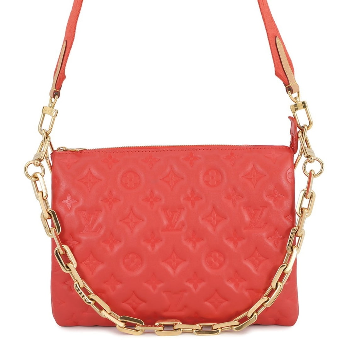 Louis Vuitton Coussin PM Shoulder Bag in Lambskin/Monogram Leather M57792, 3-Way: --- Catalog ---Category: SizeSize (HxWxD): 20cm x 26.5cm x 8cm / 7.87'' x 10.43'' x 3.14''Category: DesignType: Shoulder bagColor: Monogram, RougeGender: WomenMaterial: Monogram Category: GeneralMPN: