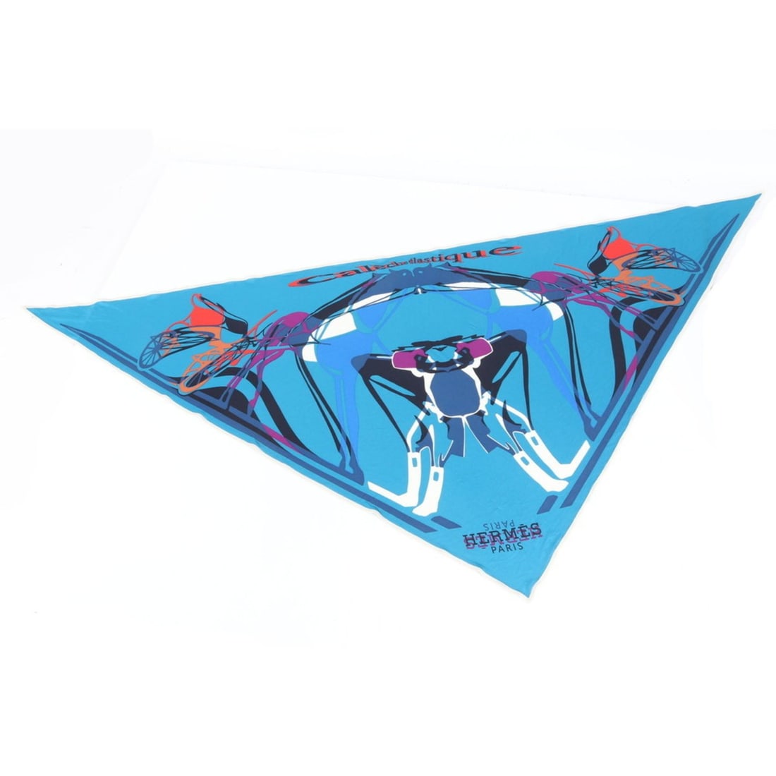 Hermes Hermès tagged Carré Triangle Pointe Caleche Elastique silk scarf for women: --- Catalog ---Category: SizeSize (LxW): 80cm x 1.66m / 31.49'' x 65.35''Category: DesignType: ScarfColor: BlueGender: WomenMaterial: Silk 100%Category: GeneralBrand: HermesCountry of Origin: France--