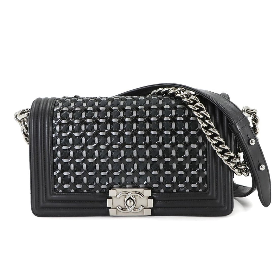 CHANEL Boy Chanel Chain Shoulder Bag in Black Enamel Leather with Silver Hardware (A67086) (1 of 10)