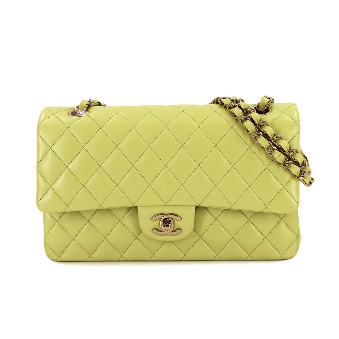 CHANEL Matelasse 25 Chain Shoulder Bag in Light Green Lambskin with Gold Hardware (A01112): --- Catalog ---Category: SizeSize (HxWxD): 15cm x 25cm x 6.5cm / 5.9'' x 9.84'' x 2.55''Category: DesignType: Shoulder bagColor: Light greenGender: WomenCategory: GeneralBrand: Chanel--- Item List ---