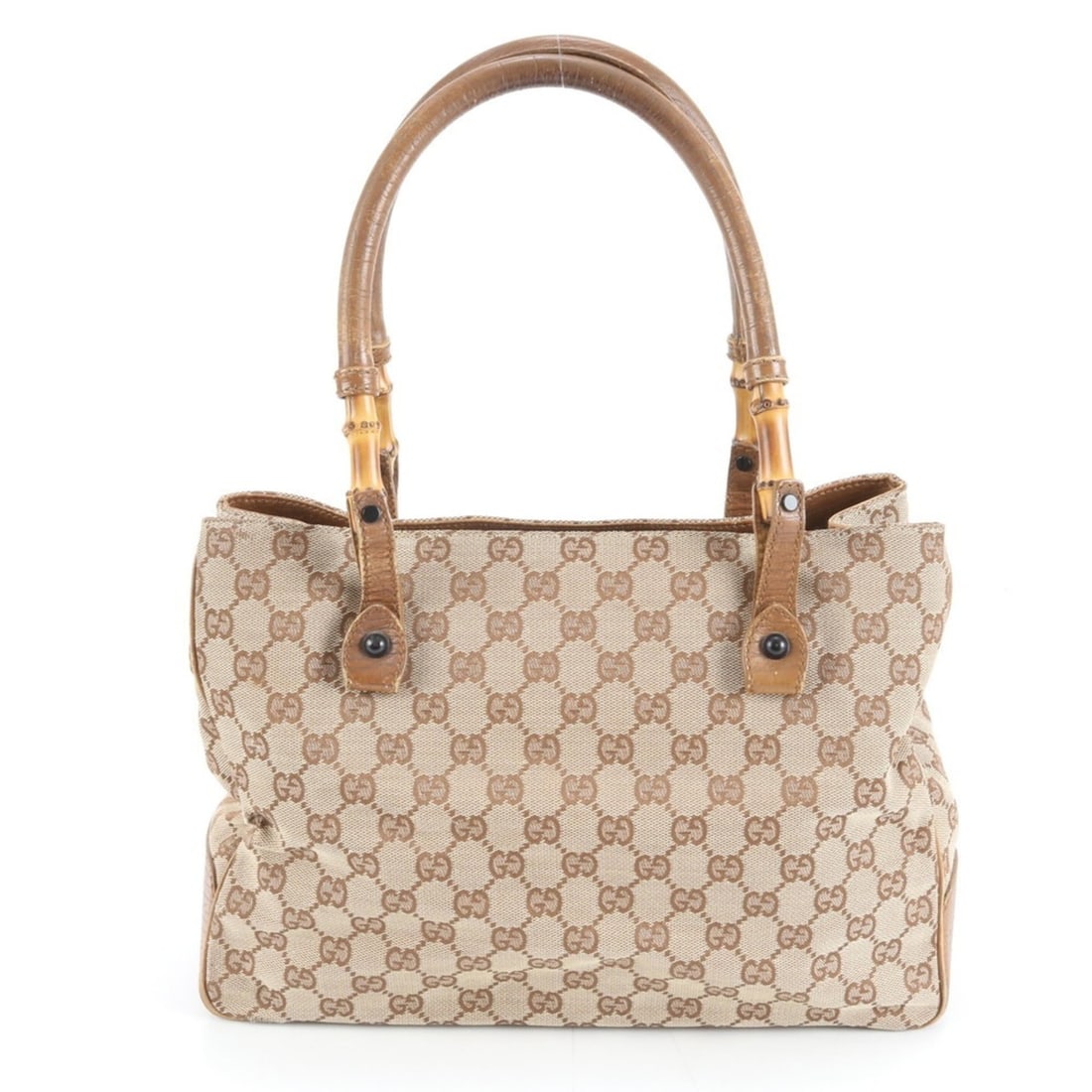 Gucci GG Canvas Bamboo Leather Tote Bag, Shoulder Handbag, Brown, Women's, 112526 (1 of 10)