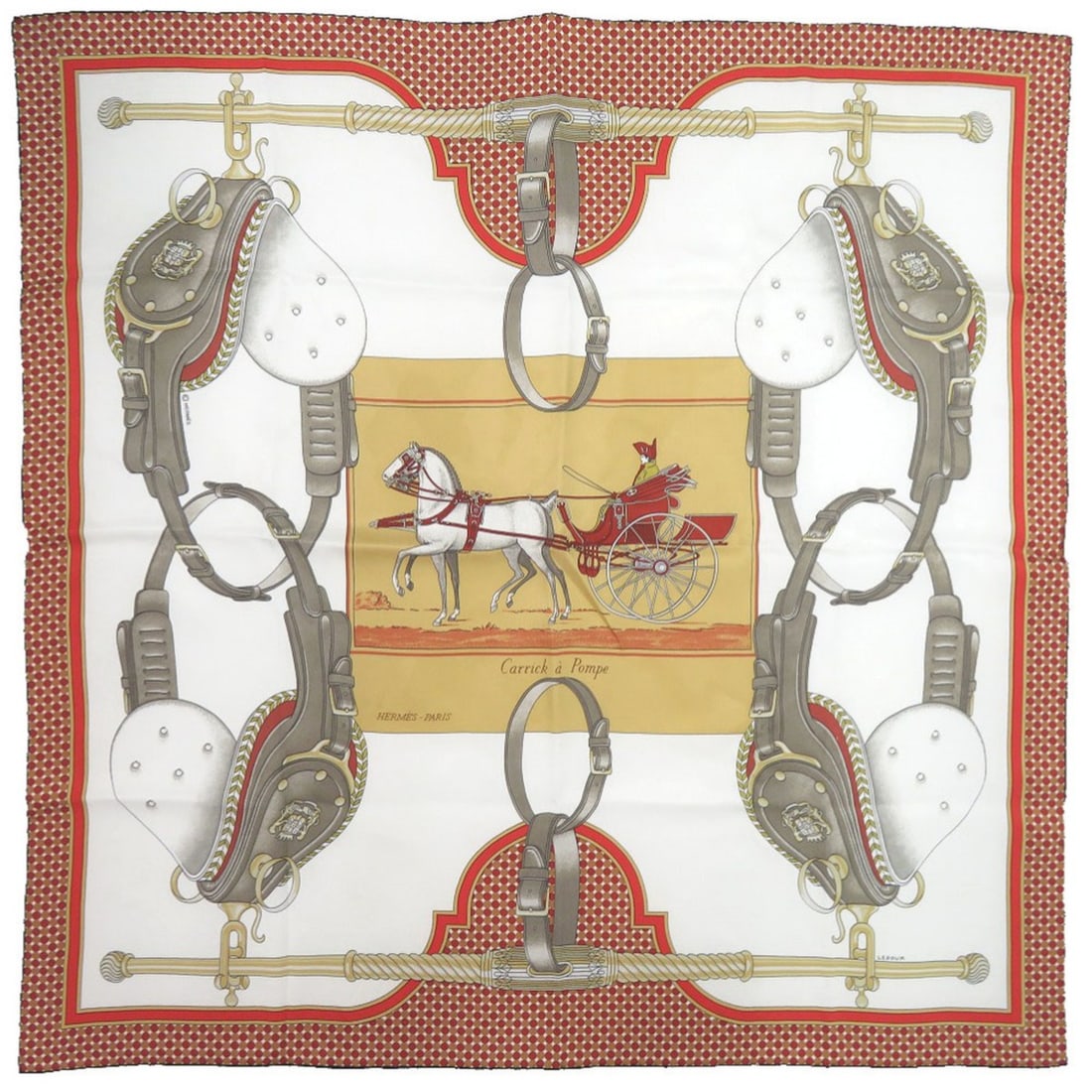 Excellent condition Hermès Carré 70 Flying Carrick a Pompe silk scarf/muffler in white, brown, and: --- Catalog ---Category: SizeSize (LxW): 66cm x 66cm / 25.98'' x 25.98''Category: DesignType: ScarfColor: Multi-colorGender: WomenMaterial: Silk Category: GeneralBrand: HermesCountry of Origin: France