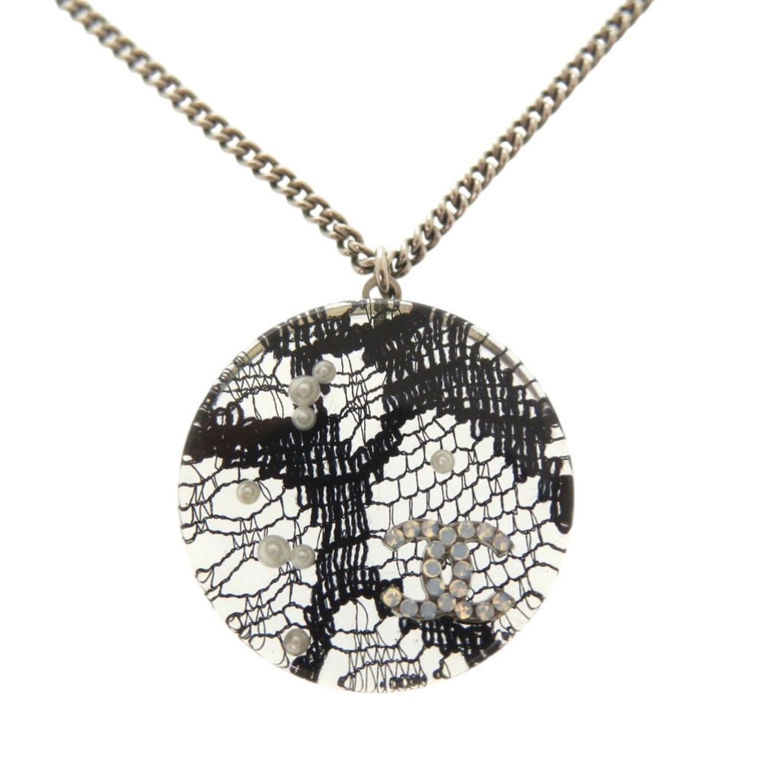 Excellent condition Chanel Coco Mark lace, faux pearl, stone, and resin necklace in silver black. (1 of 8)