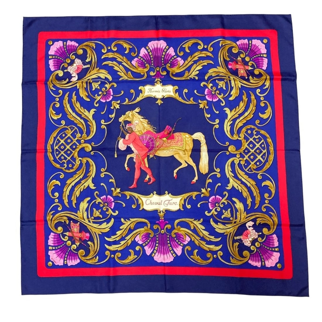Like-new HERMES Carré 90 Cheval Turc Turkish Horse Silk Scarf, Blue, Women's, Luxs, Pre-owned (1 of 13)