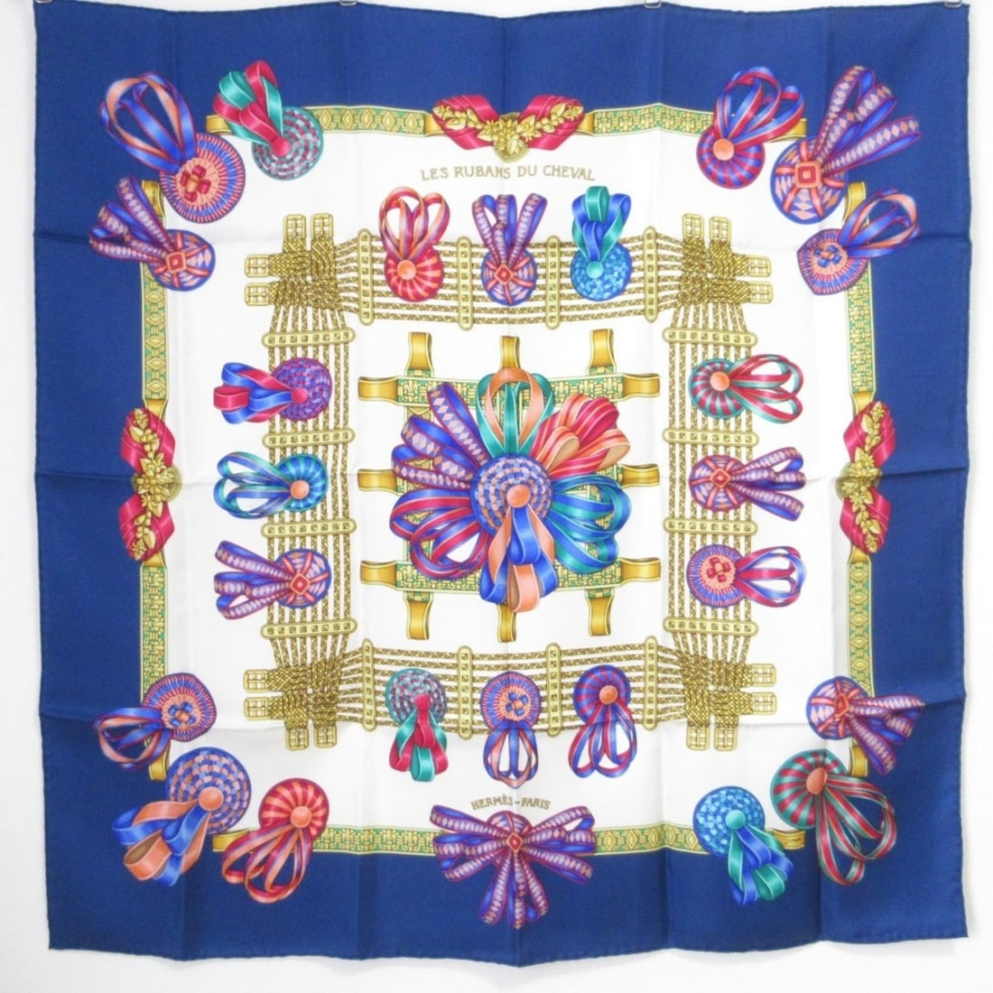 Excellent condition HERMES LES RUBANS DU CHEVAL Carré 90 silk scarf, blue, for women. Luxs, (1 of 20)