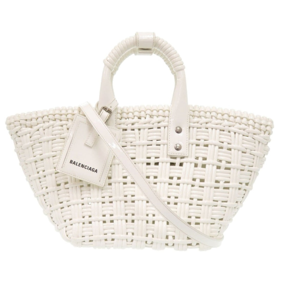 Excellent condition Balenciaga 2-way Bistro XS 671342 patent leather white handbag/basket bag,: --- Catalog ---Category: SizeSize (HxWxD): 21cm x 40cm x 13cm / 8.26'' x 15.74'' x 5.11''Strap Length: 100cm - 110cm / 39.36'' - 43.3''Handle Length: 28cm / 11.02''Category: DesignType: Basket, Handba