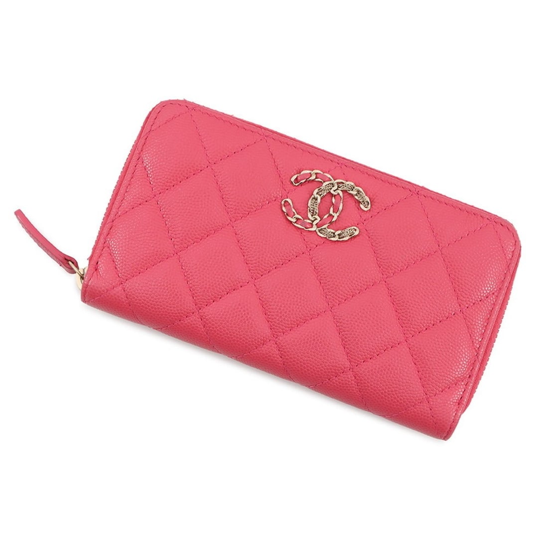 CHANEL Matelasse Small Zip Wallet with Coco Mark and Caviar Skin: --- Catalog ---Category: SizeSize (HxWxD): 9cm x 16cm / 3.54'' x 6.29''Category: DesignType: Long wallet (bi-fold)Color: PinkGender: WomenMaterial: Grained Calfskin Category: GeneralBrand: ChanelCount
