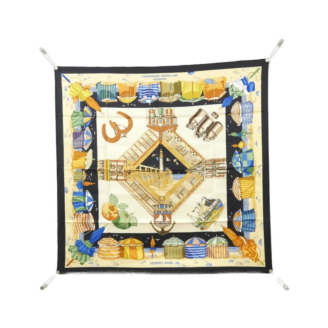 Hermes CHARMES DES PLAGES NORMANDES Carre Scarf Muffler: --- Catalog ---Category: SizeSize (LxW): 90cm x 90cm / 35.43'' x 35.43''Category: DesignType: ScarfColor: Beige, Black, BlueGender: Women,MenMaterial: Silk Category: GeneralBrand: Hermes--- Item List