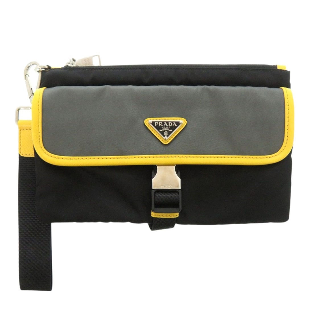 Like new Prada clutch pouch 2NH011, leather, Tessuto nylon, black, yellow, silver hardware, bag 1273 (1 of 14)