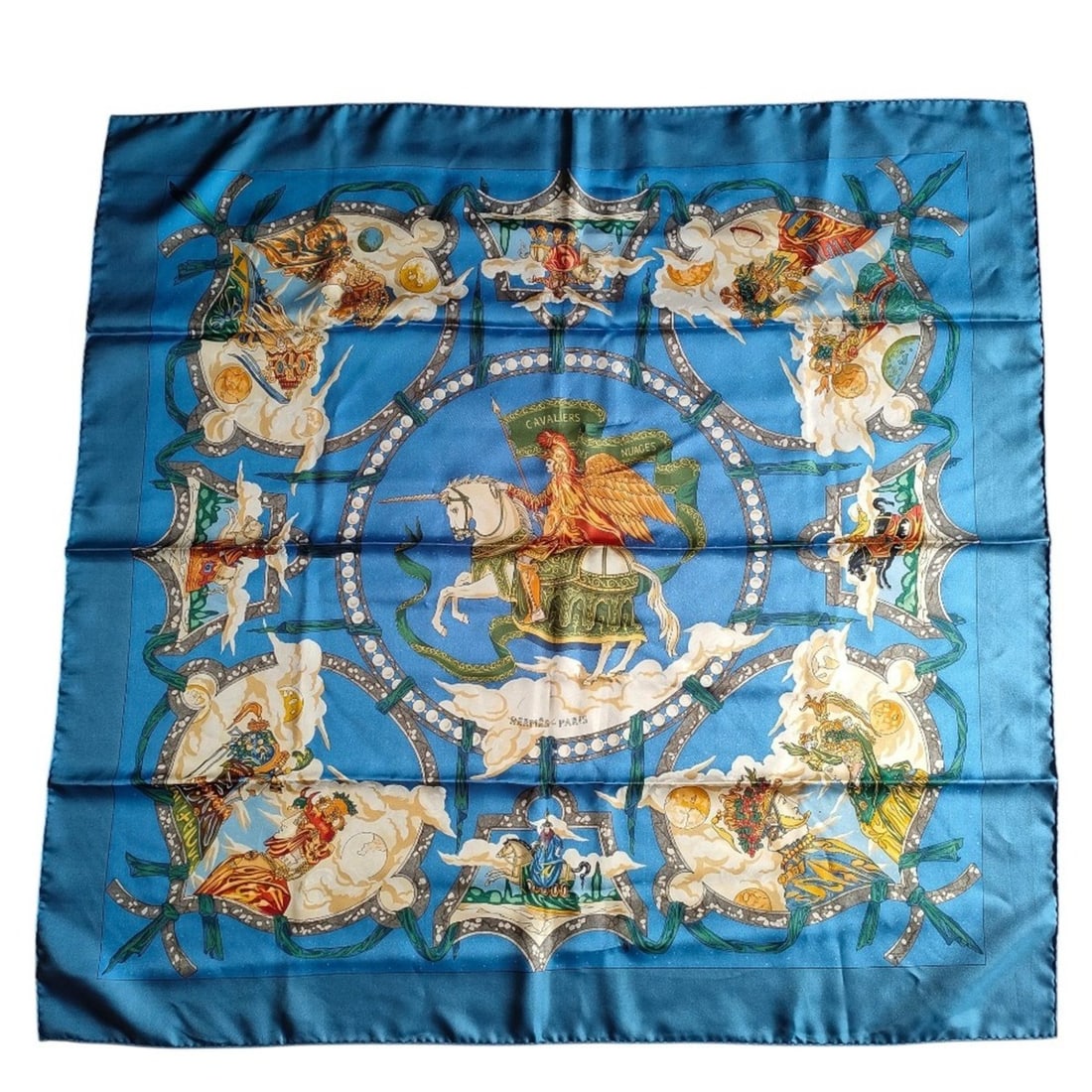 HERMES Carré 90 "Cavaliers des Nuages" Large Bandana Scarf, Blue, Women's, Luxs, Pre-owned Brands (1 of 10)